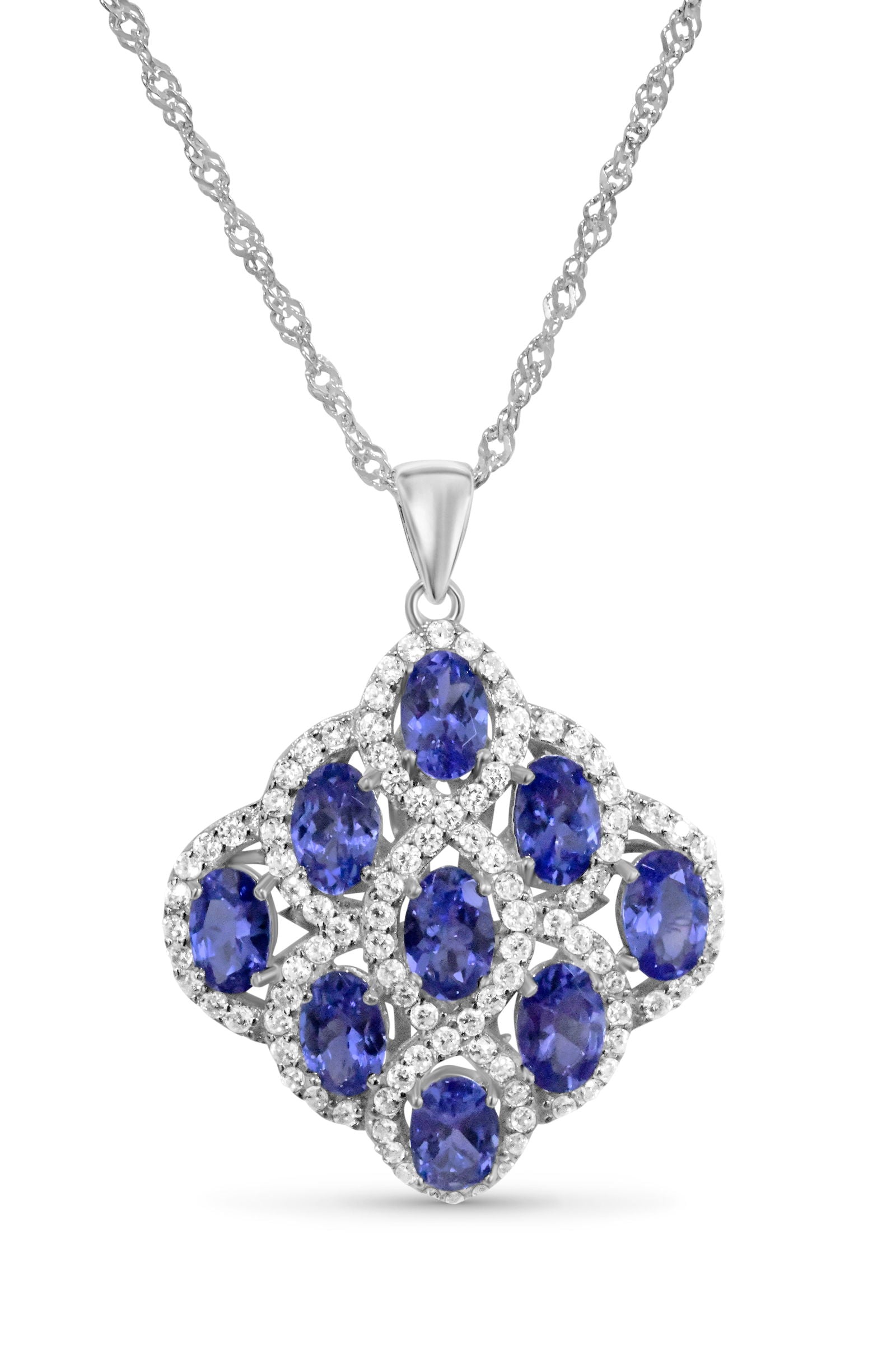 Oval Tanzanite and Round White CZ Rhodium Plated 925 Sterling Silver 38.06 Cts / 4.85 Gm Pendant PJC3117P - Bluestargemstones - -